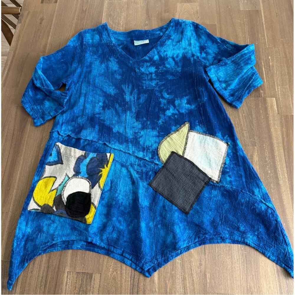 Cotton Ways Blue Art to Wear Lagenlook Top Size Small